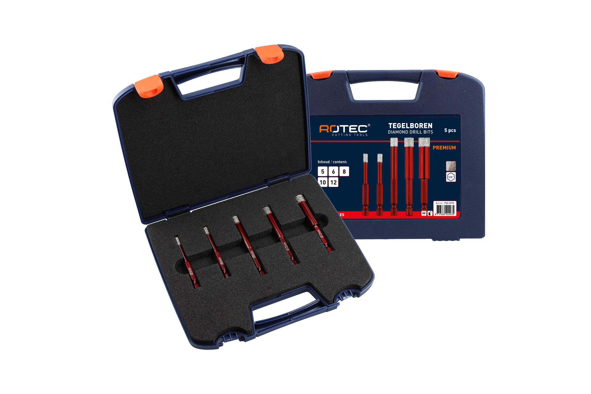 Rotec 5-delig diamant Tegelboorset type '758', met wax, in kunststof koffer